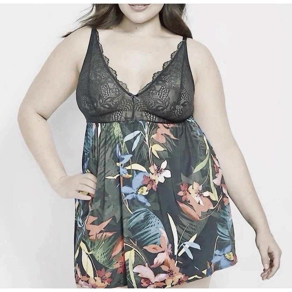 Cacique Spaghetti Strap Babydoll Floral Tropical 2 Piece Lingerie 18/20 NWT $63